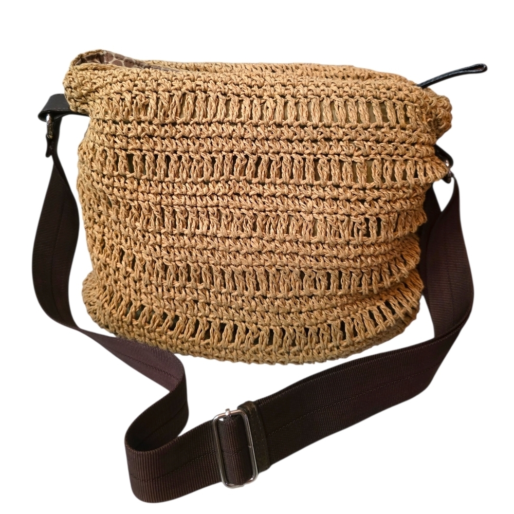 RARE Brighton Raffia Straw Crossbody Bag Boho Luxe Leather Heart Embossed Vintag - Picture 9 of 16